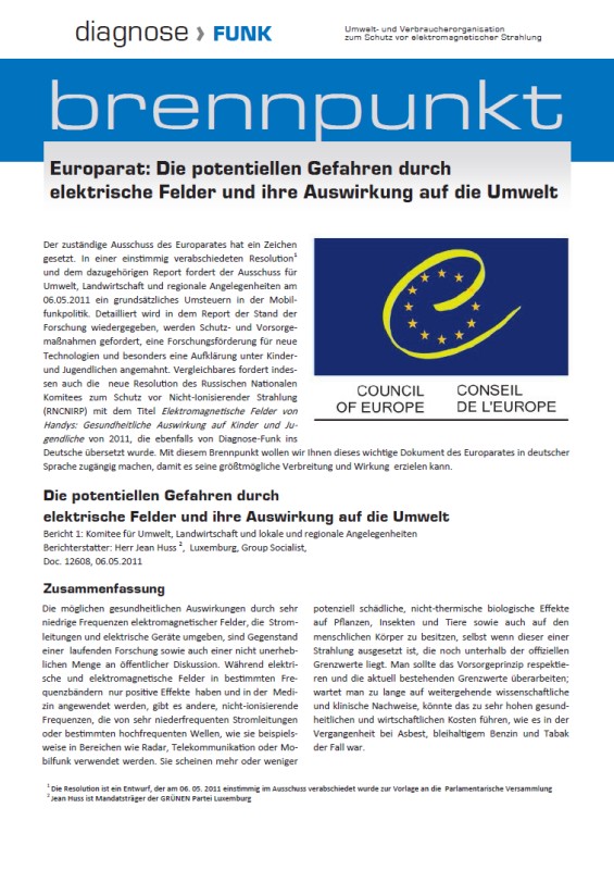 Titelblatt der Publikation : Europarat: Die potentiellen Gefahren durch elektrische Felder und ihre Auswirkung auf die Umwelt