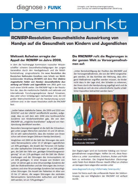 Titelblatt der Publikation : RCNIRP-Resolution: Gesundheitliche Auswirkung von Handys auf die Gesundheit von Kindern und Jugendlichen