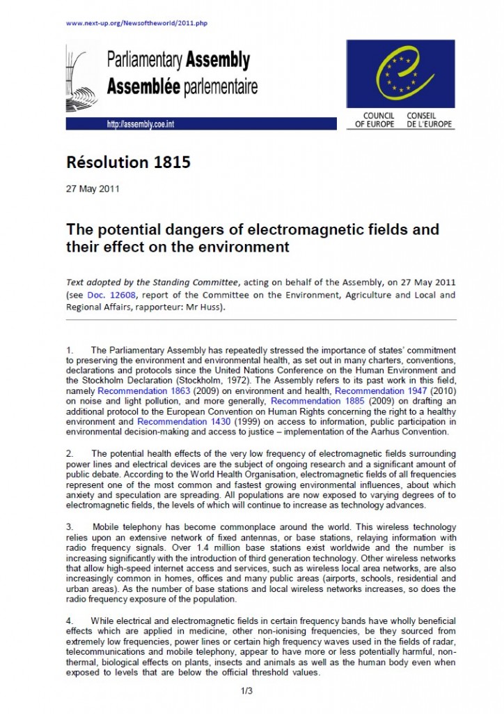 Cover of publication : Council of Europe: The potential dangers of electromagnetic fields and their effect on the environment (Resolution 1815)