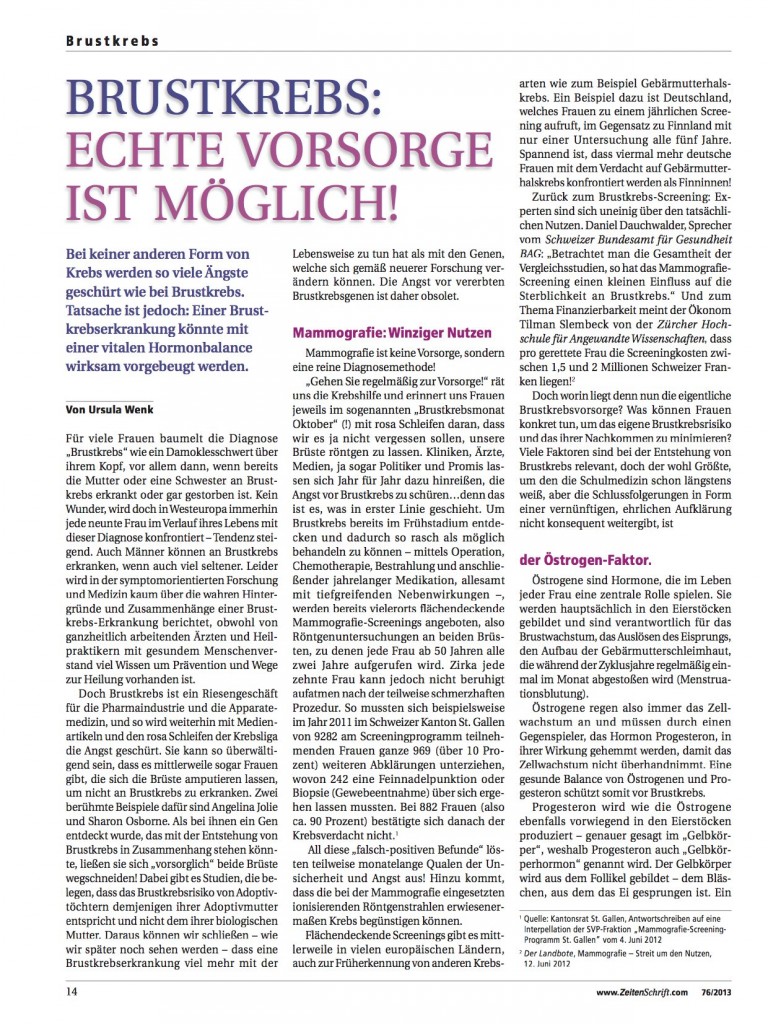 Titelblatt der Publikation : Brustkrebs: Echte Vorsorge ist möglich!