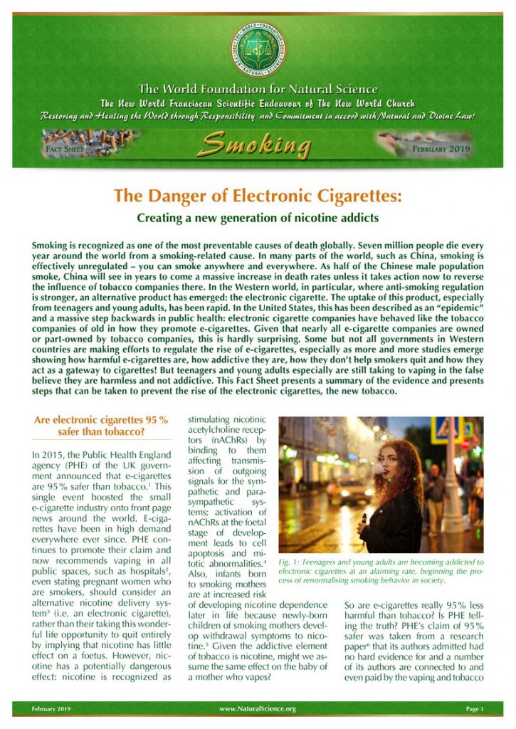 Cover of publication : The Danger of Electronic Cigarettes: Creating a new generation of nicotine addicts