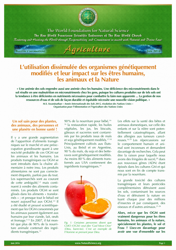 Couverture de la publication: L’utilisation dissimulée des organismes génétiquement modifiés et leur impact sur les êtres humains, les animaux et la Nature