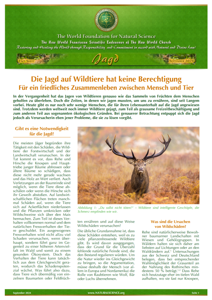 Titelblatt der Publikation : Die Jagd auf Wildtiere hat keine Berechtigung – Für ein friedliches Zusammenleben zwischen Mensch und Tier